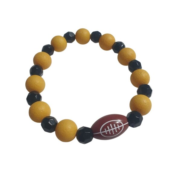 Football Bracelet Yellow Black Beads Stretch Cord Sports Jewelry Gift Handmade - Picture 1 of 3